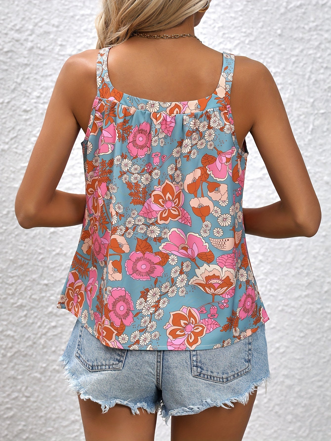 Floral Print Ruched Tank Top Sleeveless Loose Top