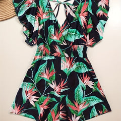 Women's Plus Tropical Print Ruffle Sleeve V Neck Knot Romper