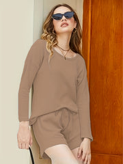 Solid Casual Two piece Set Long Sleeve Top & Drawstring Shorts Outfits