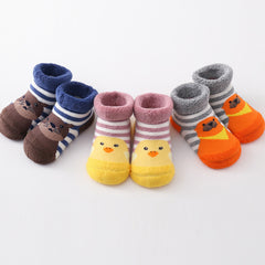3 Pairs Baby Striped Cartoon Animal Print Floor Socks Warm Winter