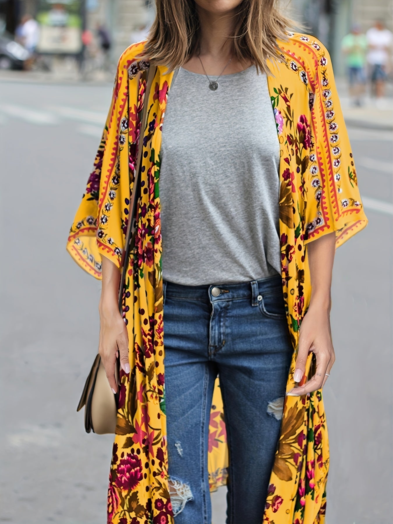 Floral Print Cover Up Shirt V Neck Semi Sheer Split Loose Fit Beachwear Kimono