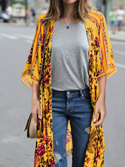 Floral Print Cover Up Shirt V Neck Semi Sheer Split Loose Fit Beachwear Kimono