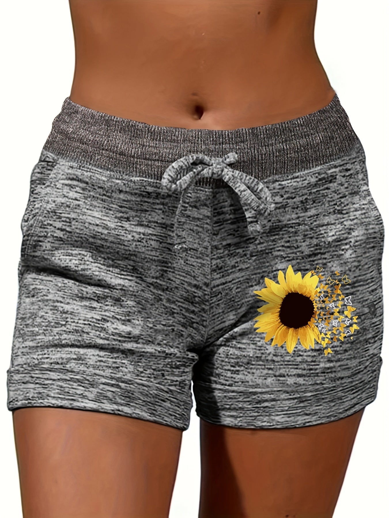 Sunflower Print Drawstring Shorts for Women