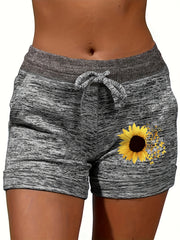 Sunflower Print Drawstring Shorts for Women