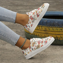 Women's Floral Pattern Lace Up Round Toe Flat Canvas Shoes
