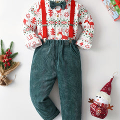 Boy's Christmas 2pcs Bow Tie Shirt & Corduroy Overalls Set Elk Print