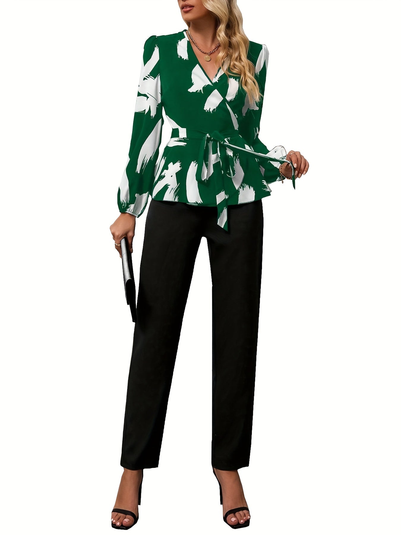 Surplice Neck Long Sleeve Blouse & Slim Pants Set