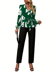 Surplice Neck Long Sleeve Blouse & Slim Pants Set