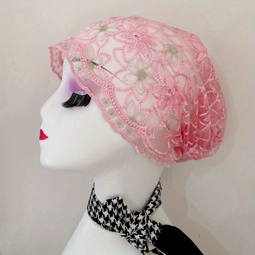 Vintage Embroidery Turban Cap Mesh Lace Head Wrap Elastic Beanie Women Bonnet