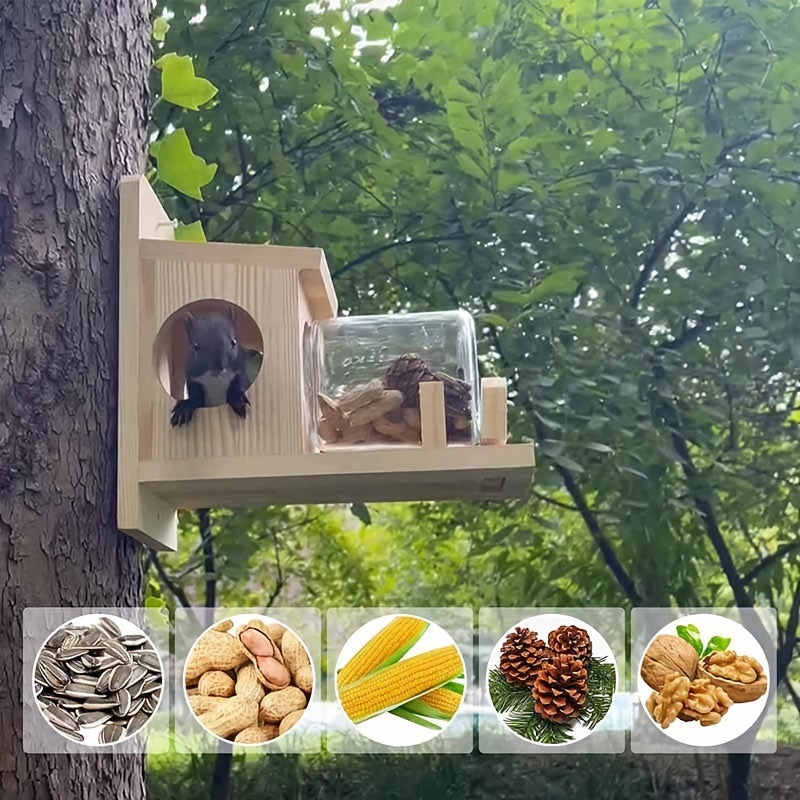 Outdoor Squirrel Feeder with Glass Jar Rustic Squirrel Food Box