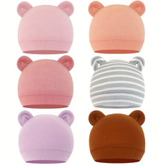 6 Pack of Bear Ears Hats for Newborns & Toddlers - Unisex Beanie Caps