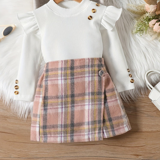 Girl's Ribbed Top & Plaid Shorts Set Casual Outfits Kids Clothes