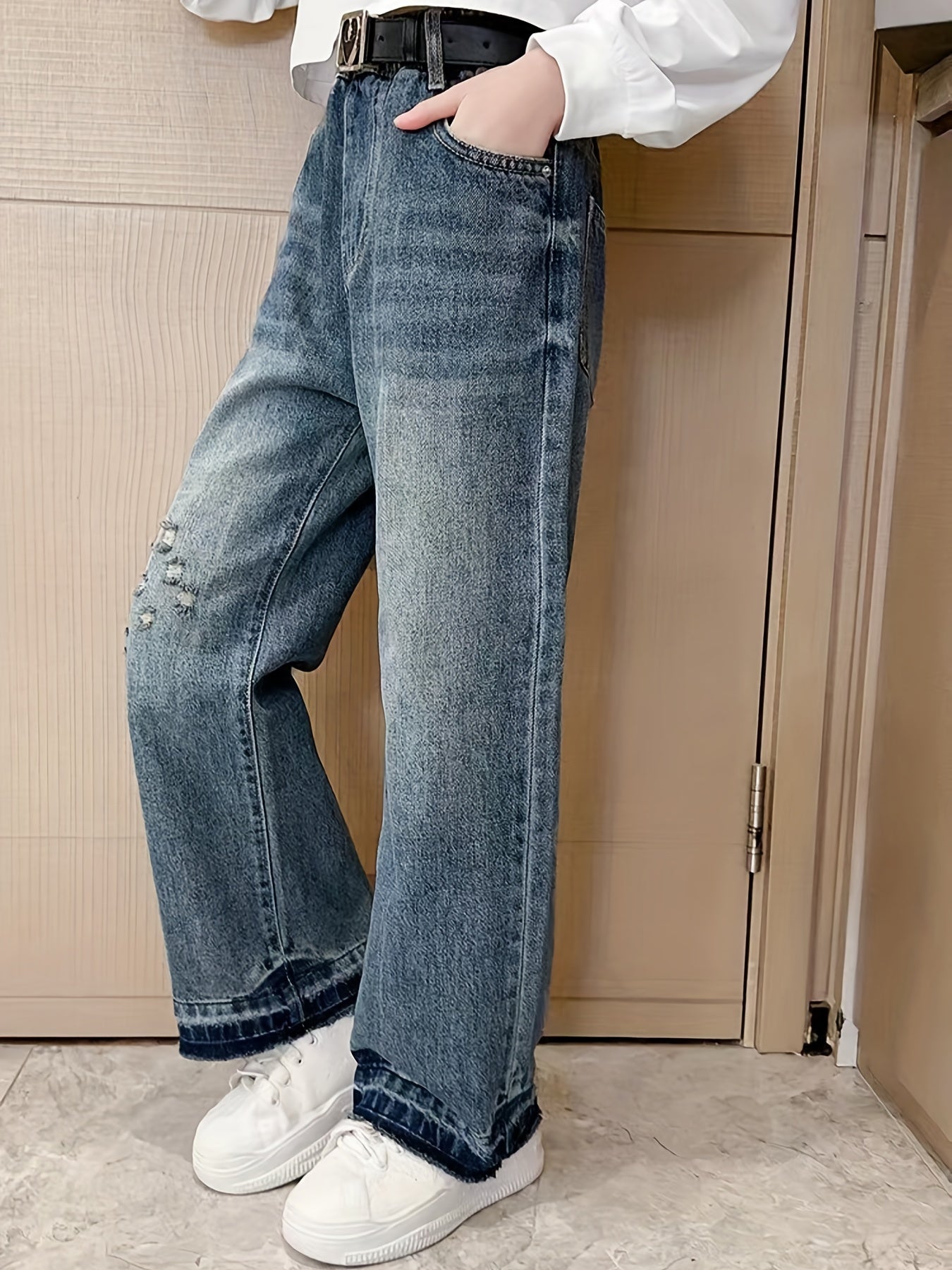 Girls' High Waist Ripped Jeans Straight Leg Denim Pants