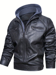 Men's Vintage Style Pu Hooded Jacket Zip Up Faux Leather Coat