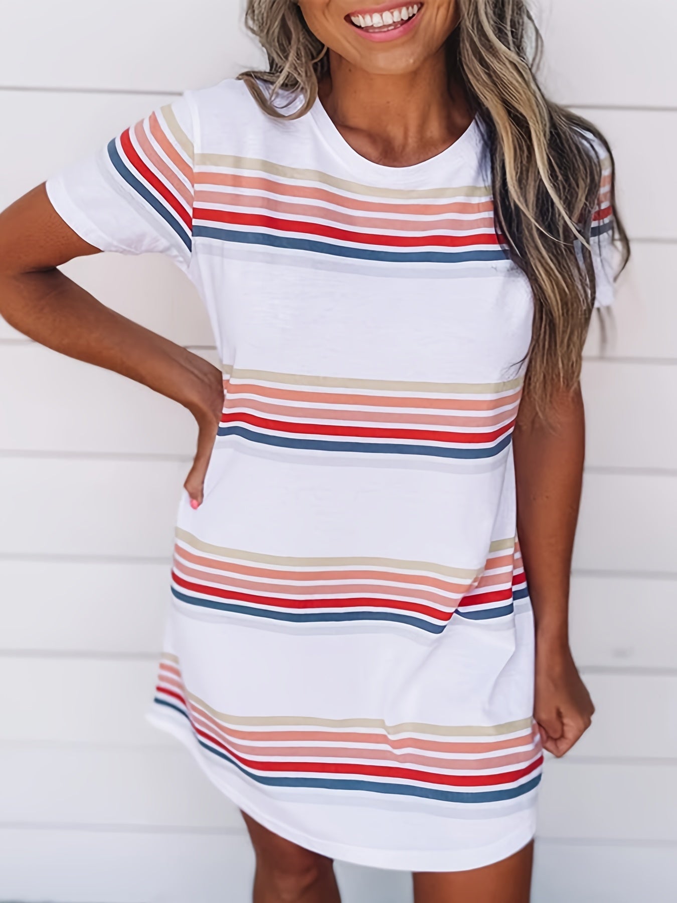 Stripe Print Short Sleeve Tee Dress