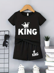 2pcs Boys Casual KING Crown Graphic Print T-shirt & Shorts Set