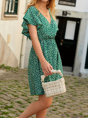 Polka Dot Flutter Sleeve Dress V Neck Casual Spring Summer Women's Clothing