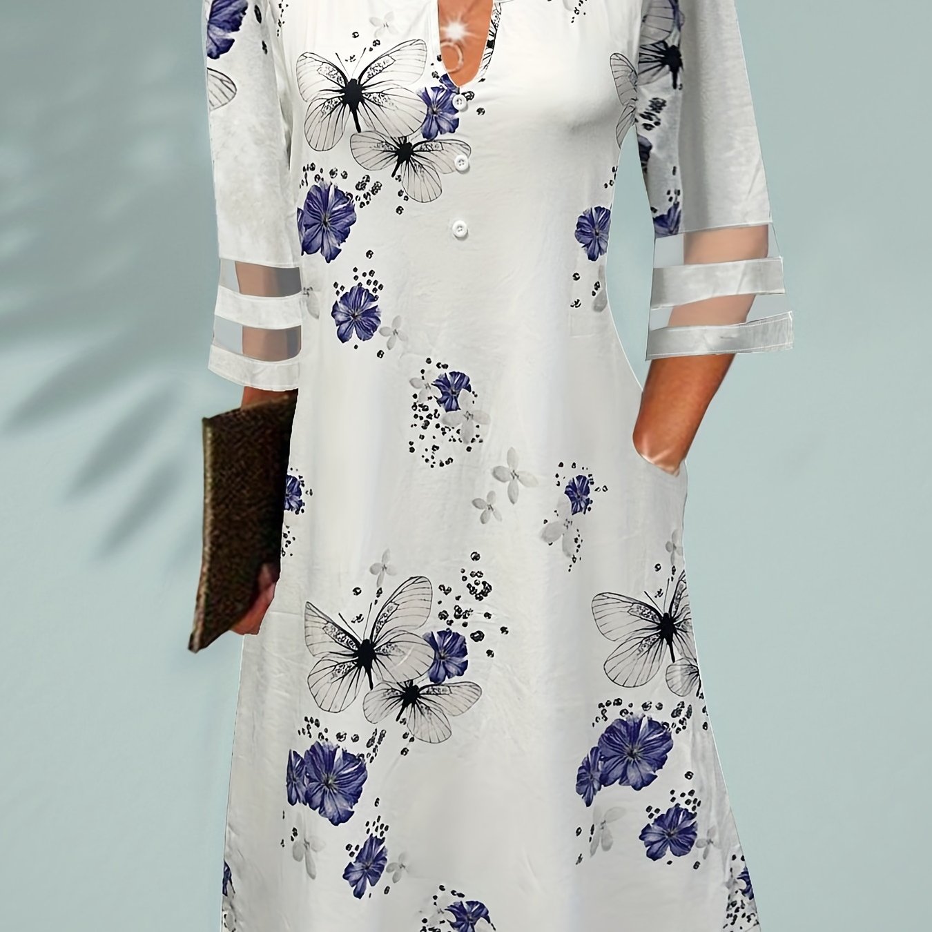 Floral & Butterfly Printed Casual Dress with Mesh Sleeves & Pockets