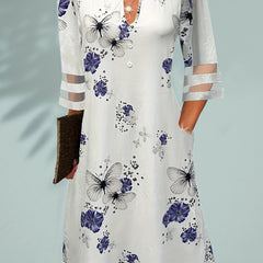 Floral & Butterfly Printed Casual Dress with Mesh Sleeves & Pockets