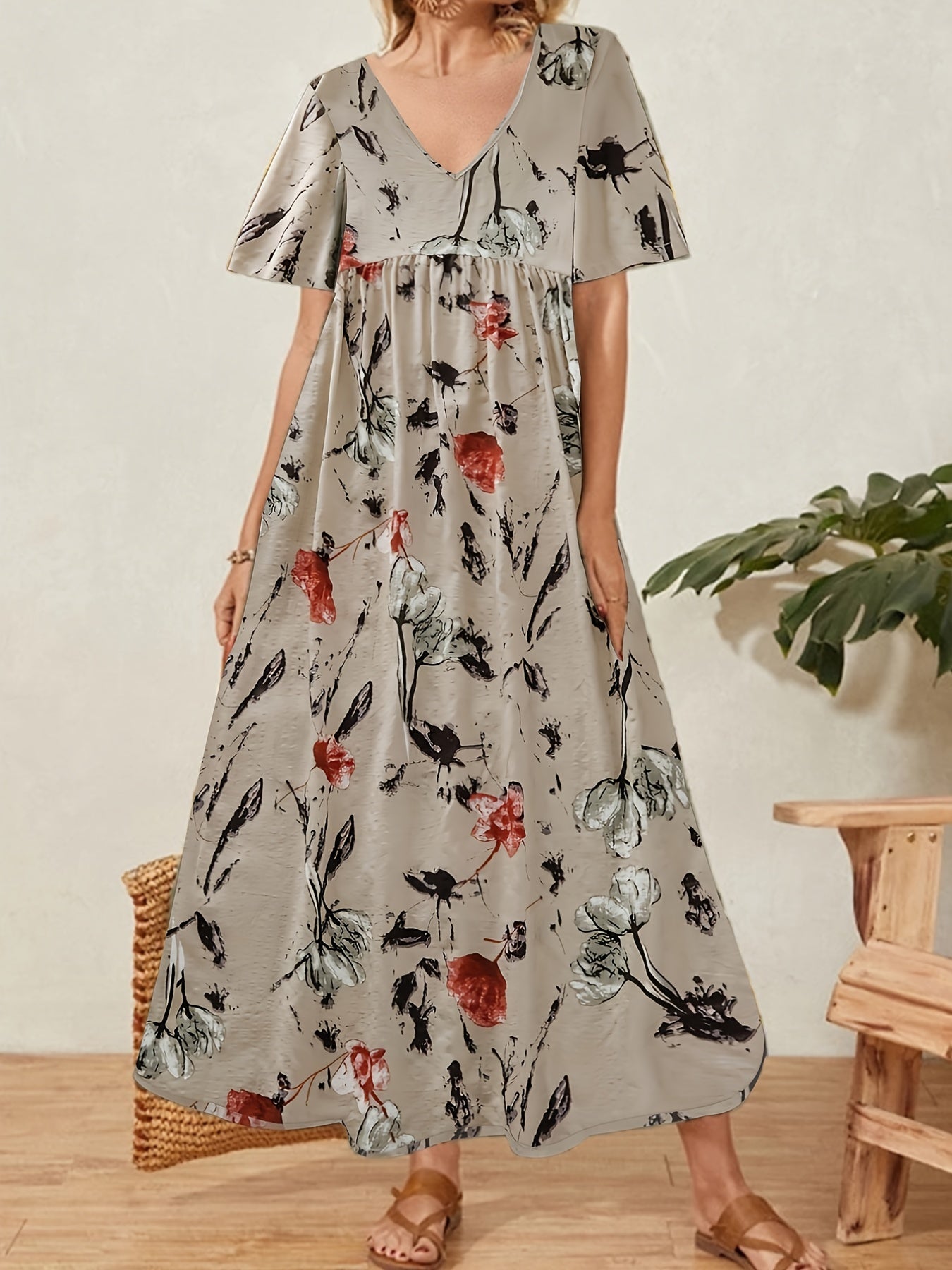 Floral Print V-Neck High Waist Dress