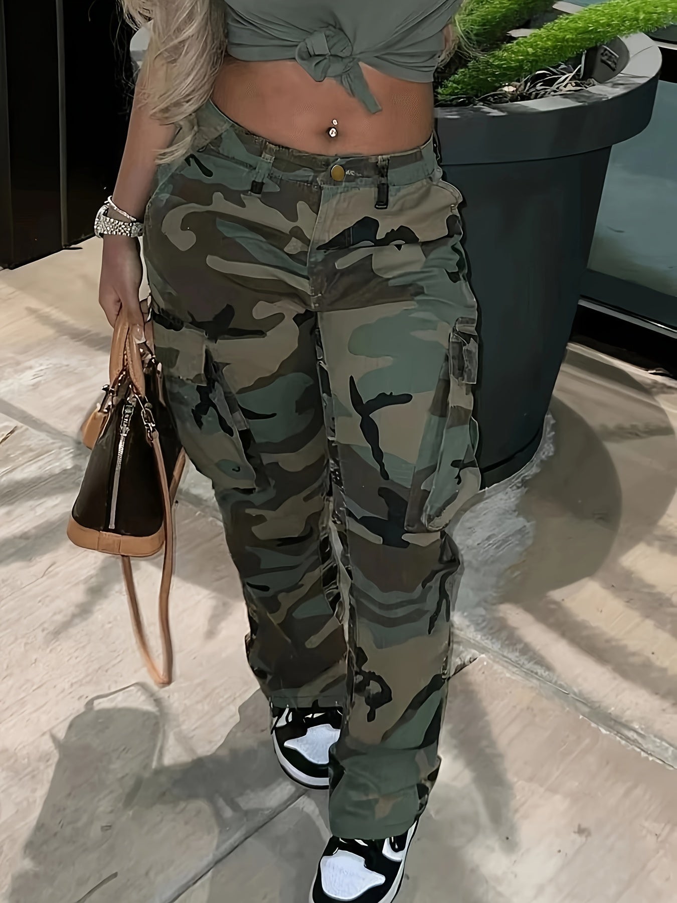 Camo Print High Stretch Cargo Jeans