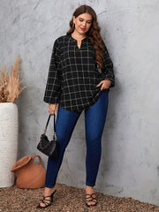 Grid Print Lantern Sleeve Notched Neck Blouse