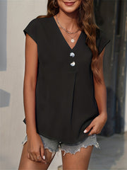 V Neck Cap Sleeve Top Button Front Solid