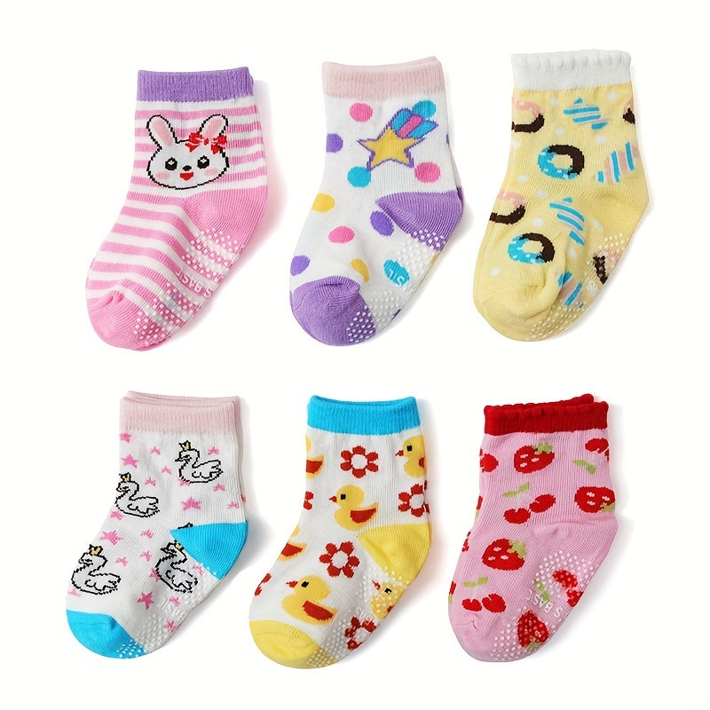 12 Pairs Girls Colorful Cartoon Socks Non-Slip Cotton Crew Socks