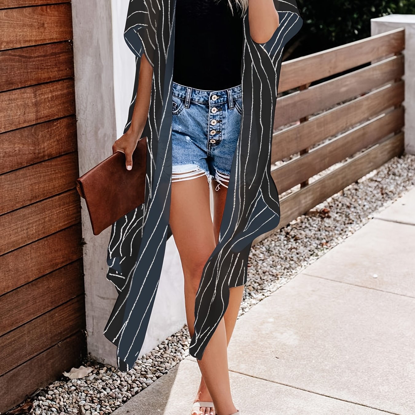 Stripes Print Chiffon Cardigan Cover Up Soft 3 4 Sleeve