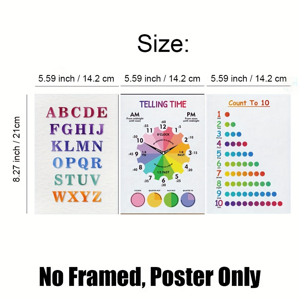 3pcs Rainbow Watercolor Educational Posters For Kids - No Frames