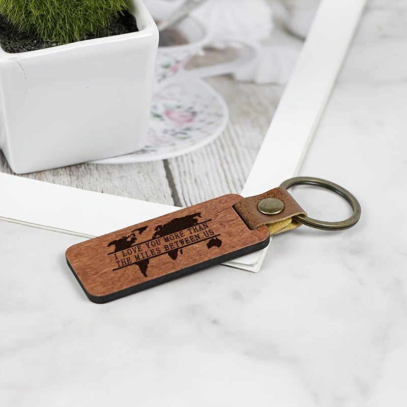 Rosewood Pure Wood Keychain Map Pattern PU Leather Retro Keyring