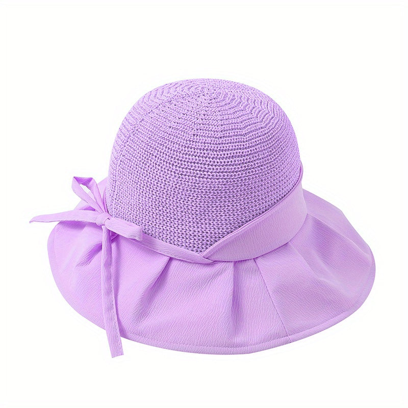 Bowknot Ponytail Sun Hat Wide Brim Breathable Bucket Hat Adjustable