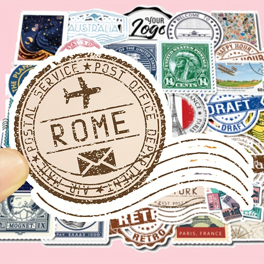 50pcs Retro Travel Stamps Stickers Waterproof Decals