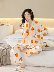 Fruit Print Pajama Set Long Sleeve Buttons Top & Elastic Waistband Pants