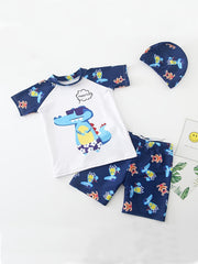 Boys Cartoon Shark & Dinosaur Swim Suit Set with Trunks, Tops & Cap