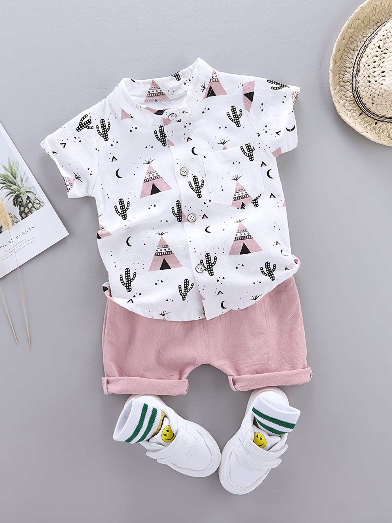 Boys 2pcs Cartoon Print Shirt & Shorts Set