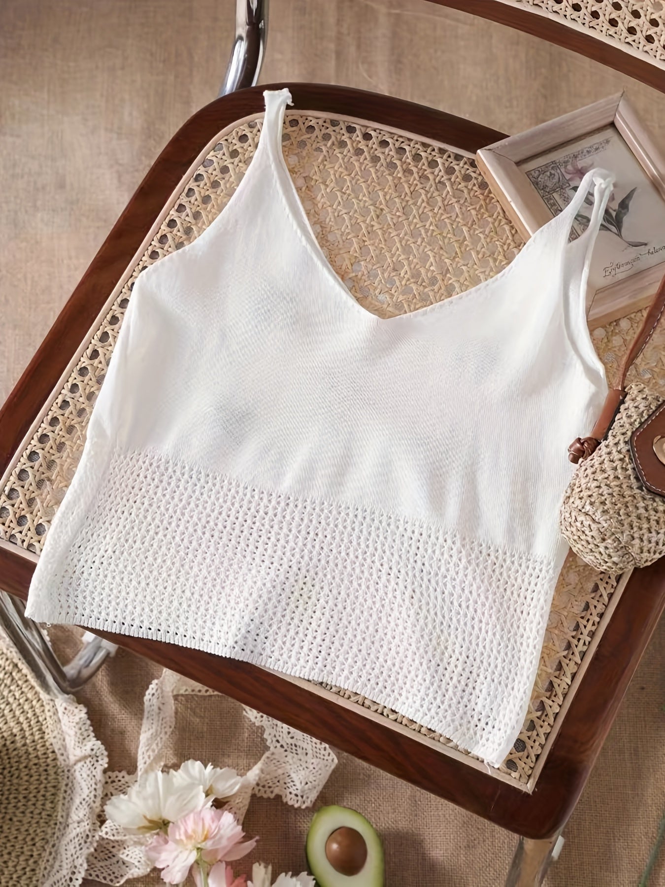 Cherry Pattern Embroidered Knit Crop Cami Top Cutout V Neck Summer Sleeveless