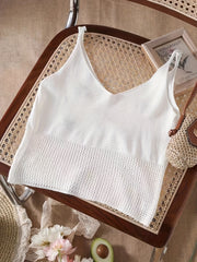 Cherry Pattern Embroidered Knit Crop Cami Top Cutout V Neck Summer Sleeveless