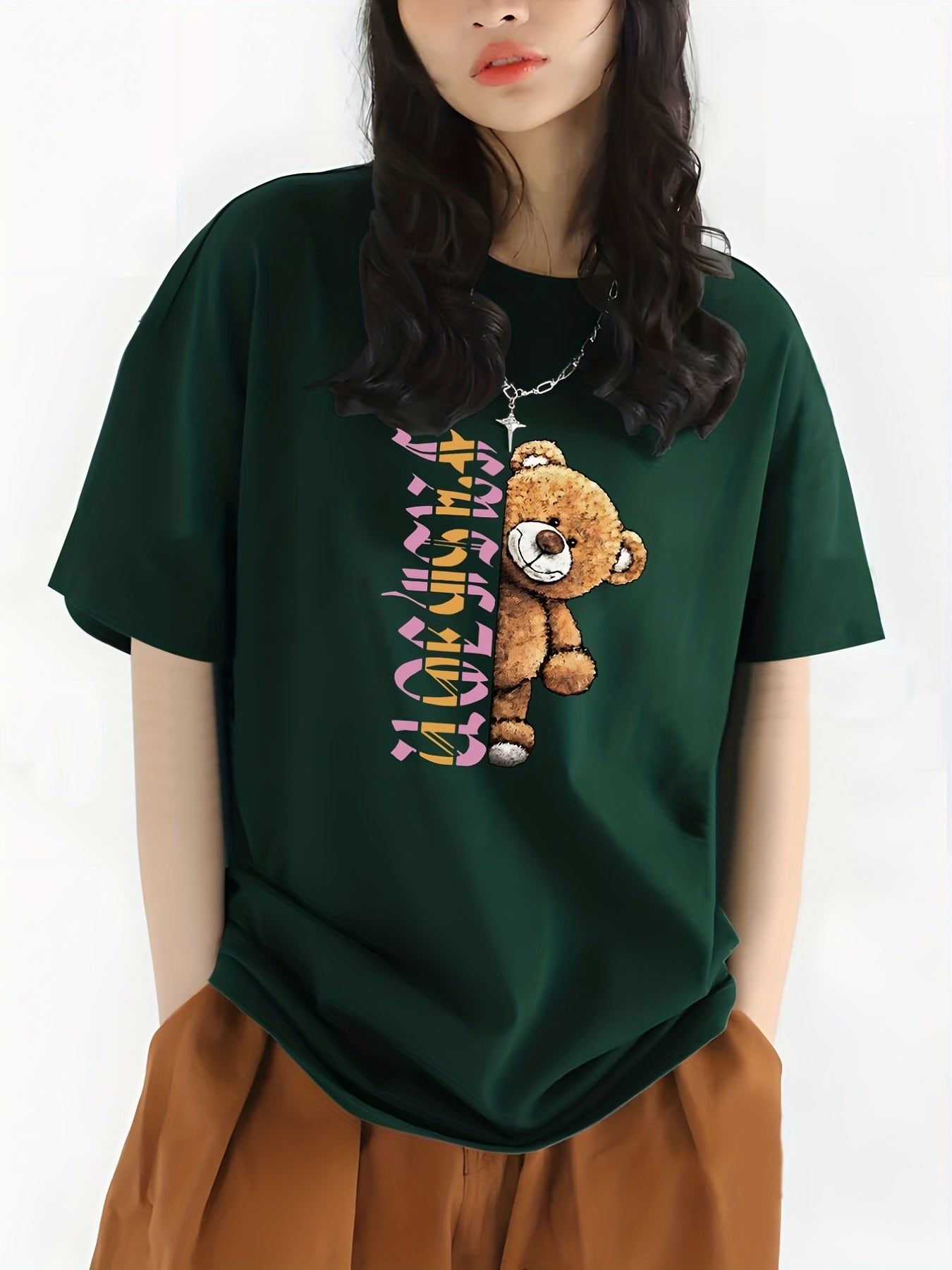 Letter & Bear Print Sports Top Crew Neck T shirt Women's Clothing