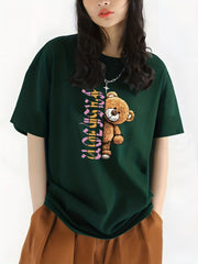 Letter & Bear Print Sports Top Crew Neck T shirt Women's Clothing