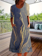 Women's Plus Marble Print Short Sleeve Round Neck Dress With Pockets