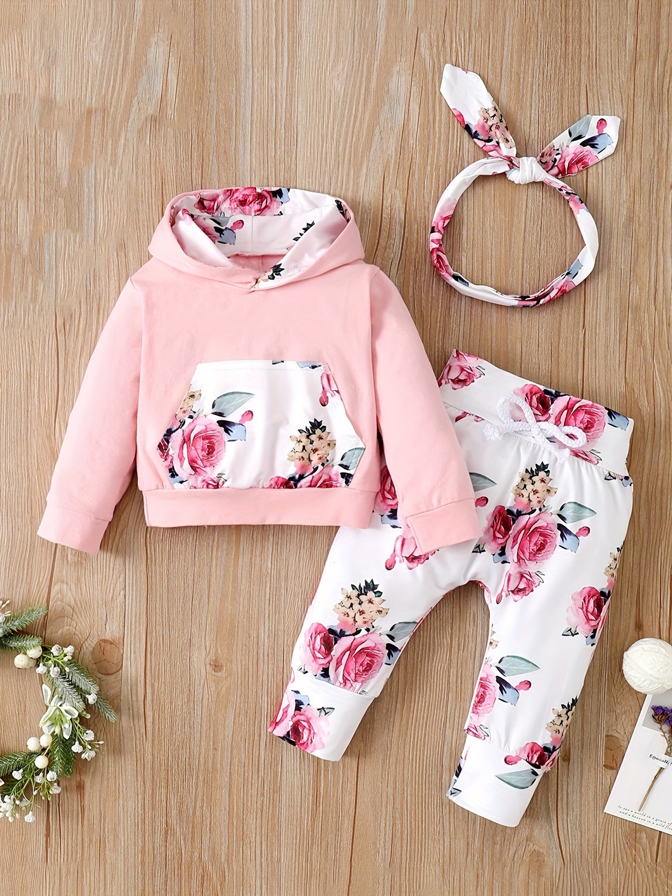 Girls Casual Floral Print Outfit Hoodie & Pants & Headwear Set