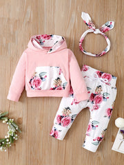 Girls Casual Floral Print Outfit Hoodie & Pants & Headwear Set