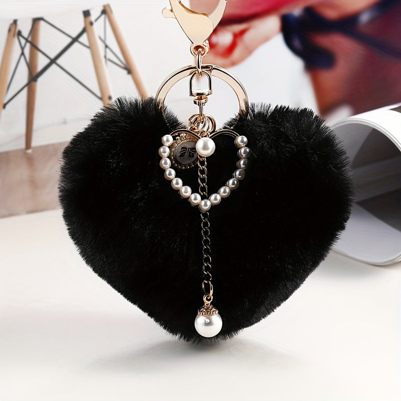 Peach Heart Fur Ball Keychain Pearl Keychain Car Accessories Plush Ornament