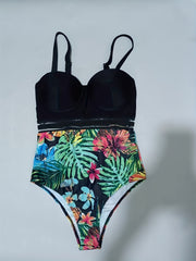 Plant Print Mesh Contrast Push Up Swimsuit High Strech One Piece Bathing Suit