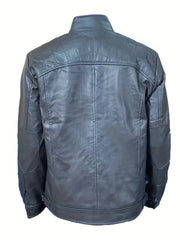 Men's Solid PU Zip Jacket Stand Collar