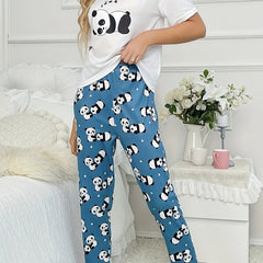Panda Print Pajama Set Short Sleeve Crew Neck Top & Pants Women's Sleepwear