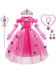 9pcs Girls Princess Dress Costume Set with Gloves, Crown & Wand