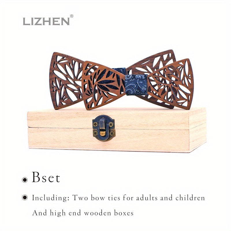 Retro Carved Walnut Wood Bow Tie Set for Father and Son