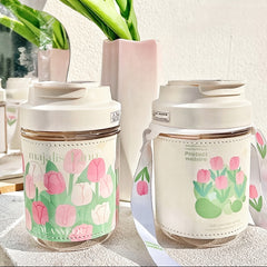 400ml Handheld Water Cup Tulip Printed Cover Leakproof Glass Cup